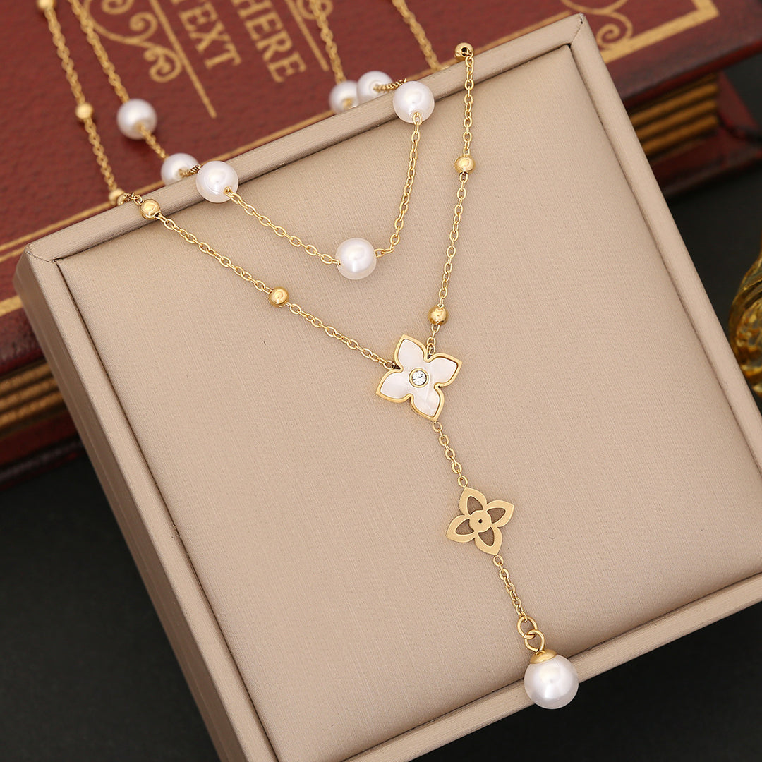 Double layers Pearls ShellsFlower Star Long Necklace